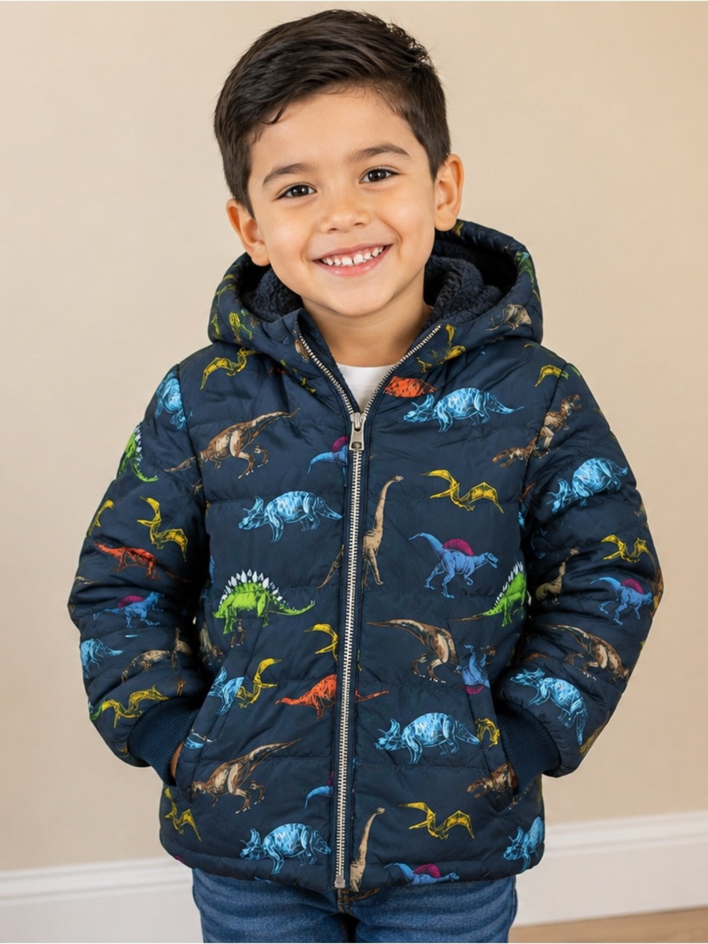 Children's Navy Blue Dinosaur Puffer Jacket with Hood